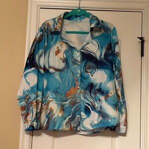 Abstract Blue and Brown Button-Up Blouse